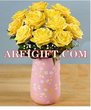 Send 24 Yellow Rose With Ceramic Vase to Bangladesh, Send gifts to Bangladesh