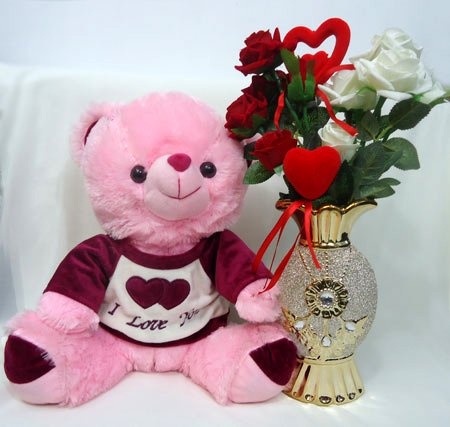 Send Teddy & Decorated Flower Vase with Artificial Rose to Bangladesh, Send gifts to Bangladesh